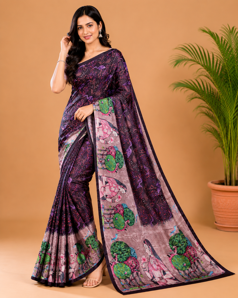 Deep Purple Paithani Print Satin Saree