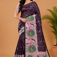 Deep Purple Paithani Print Satin Saree