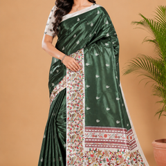 Bottle Green Paithani Print Satin Saree