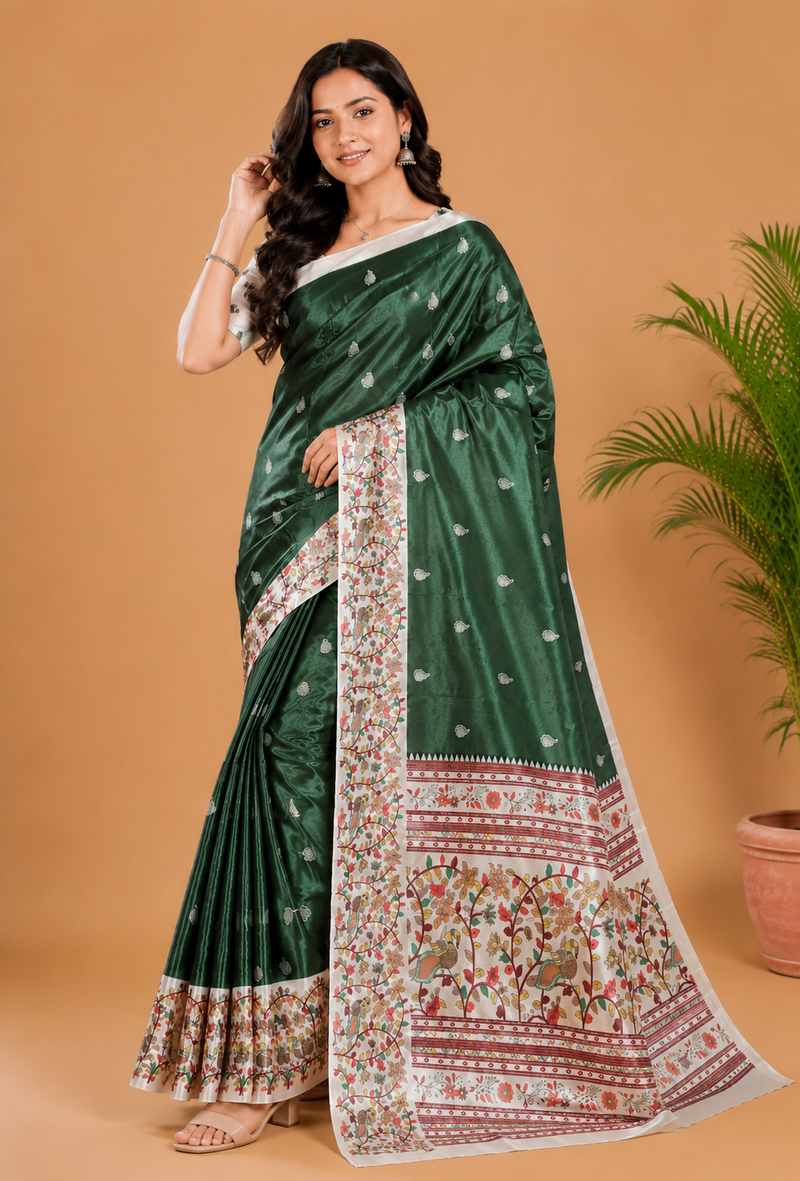 Bottle Green Paithani Print Satin Saree