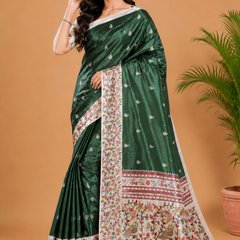 Bottle Green Paithani Print Satin Saree