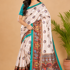 Off-White and Coffee Brown Paithani Print Satin Saree