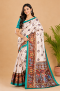 Off-White and Coffee Brown Paithani Print Satin Saree