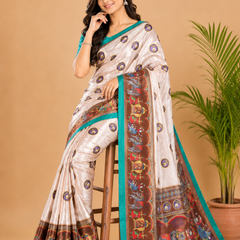 Off-White and Coffee Brown Paithani Print Satin Saree