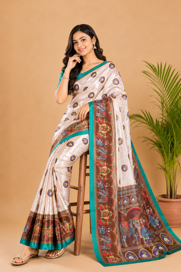 Off-White and Coffee Brown Paithani Print Satin Saree