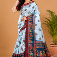 Powder Blue and Teal Paithani Print Satin Saree