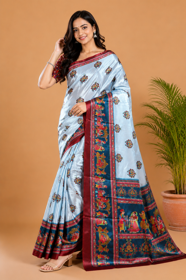 Powder Blue and Teal Paithani Print Satin Saree