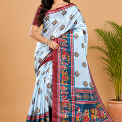 Powder Blue and Teal Paithani Print Satin Saree