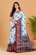 Powder Blue and Teal Paithani Print Satin Saree