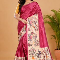 Magenta Pink and Cream Paithani Print Satin Saree