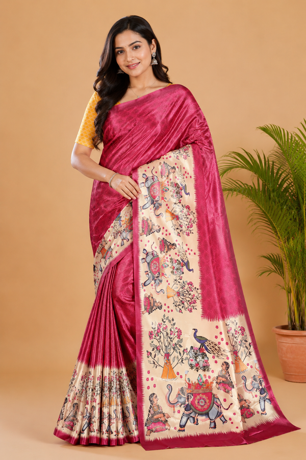 Magenta Pink and Cream Paithani Print Satin Saree