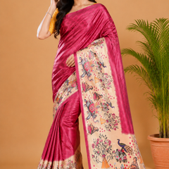Magenta Pink and Cream Paithani Print Satin Saree