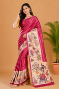 Magenta Pink and Cream Paithani Print Satin Saree