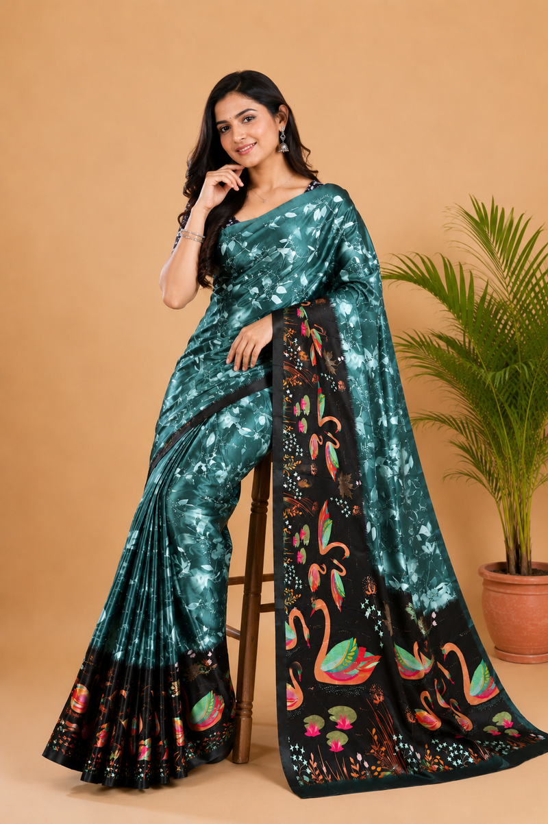 Teal Blue and Black Paithani Print Satin Saree