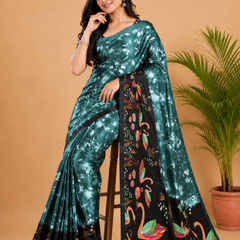 Teal Blue and Black Paithani Print Satin Saree