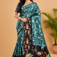 Teal Blue and Black Paithani Print Satin Saree