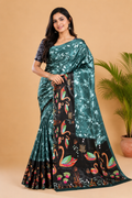 Teal Blue and Black Paithani Print Satin Saree