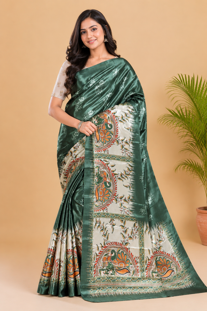 Olive Green and Cream Paithani Print Satin Saree