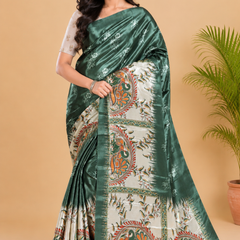Olive Green and Cream Paithani Print Satin Saree