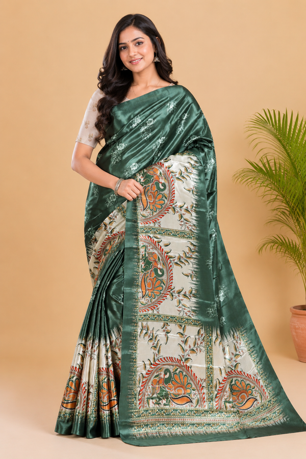 Olive Green and Cream Paithani Print Satin Saree