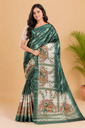 Olive Green and Cream Paithani Print Satin Saree