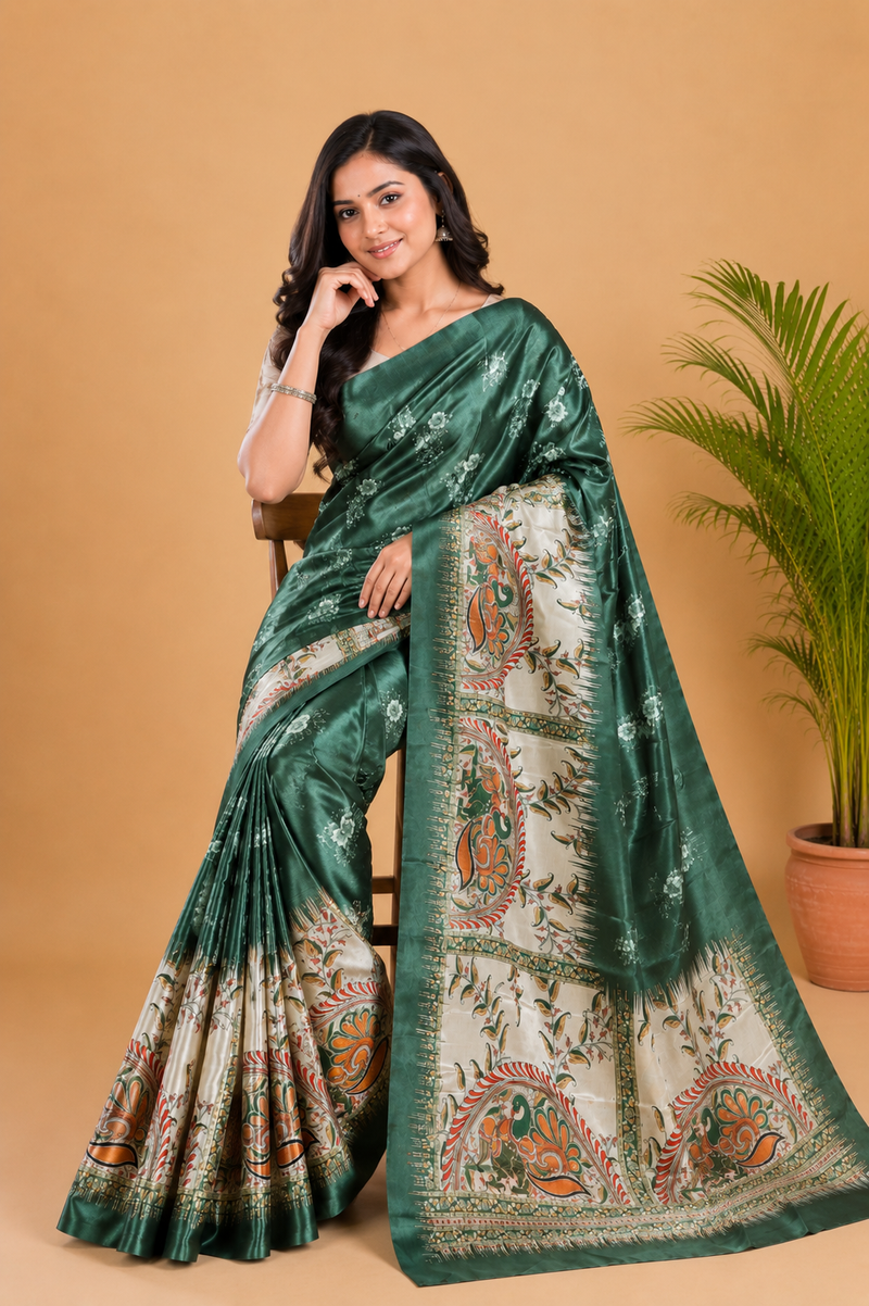 Olive Green and Cream Paithani Print Satin Saree