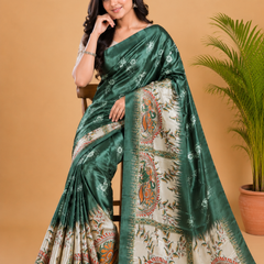 Olive Green and Cream Paithani Print Satin Saree