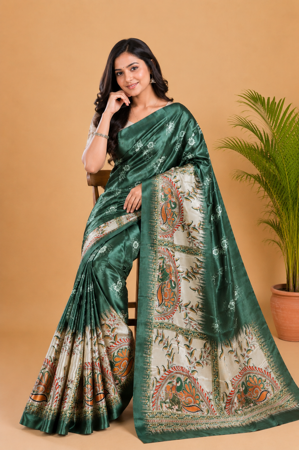 Olive Green and Cream Paithani Print Satin Saree