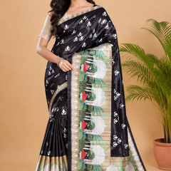 Jet Black and Beige Paithani Print Satin Saree