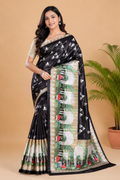 Jet Black and Beige Paithani Print Satin Saree