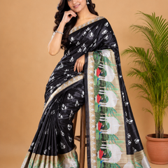 Jet Black and Beige Paithani Print Satin Saree