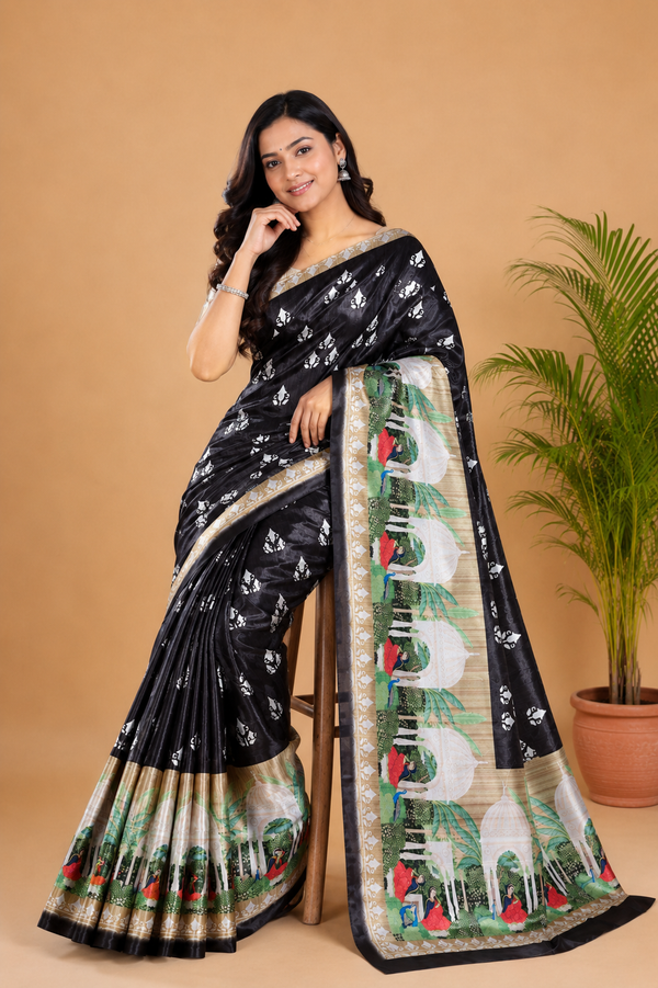 Jet Black and Beige Paithani Print Satin Saree