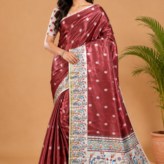 Maroon and Off-White Paithani Print Satin Saree