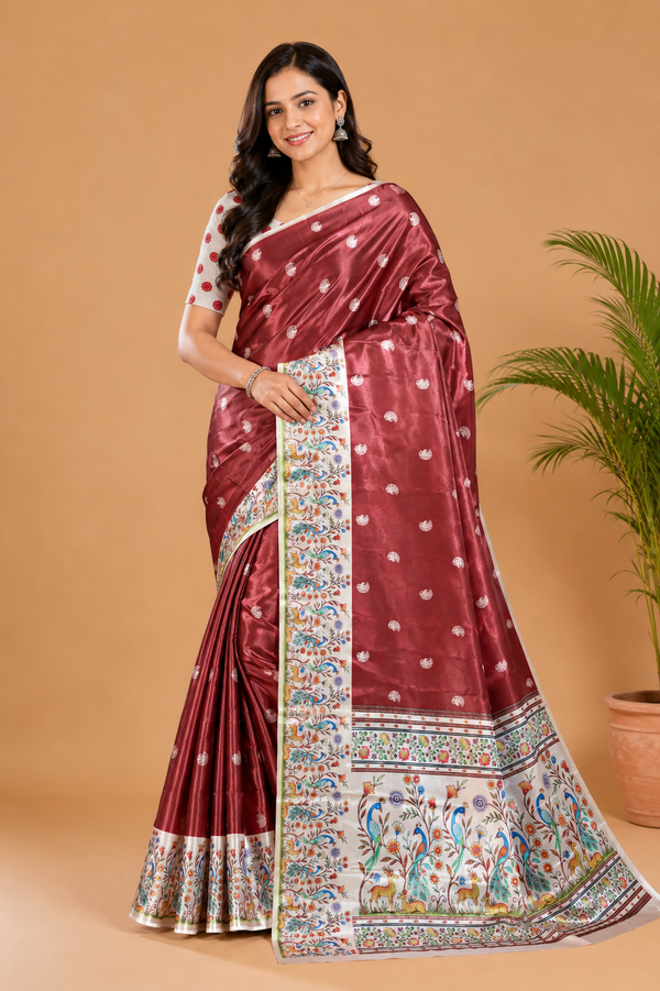 Maroon and Off-White Paithani Print Satin Saree
