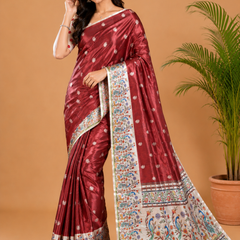 Maroon and Off-White Paithani Print Satin Saree