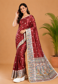 Maroon and Off-White Paithani Print Satin Saree