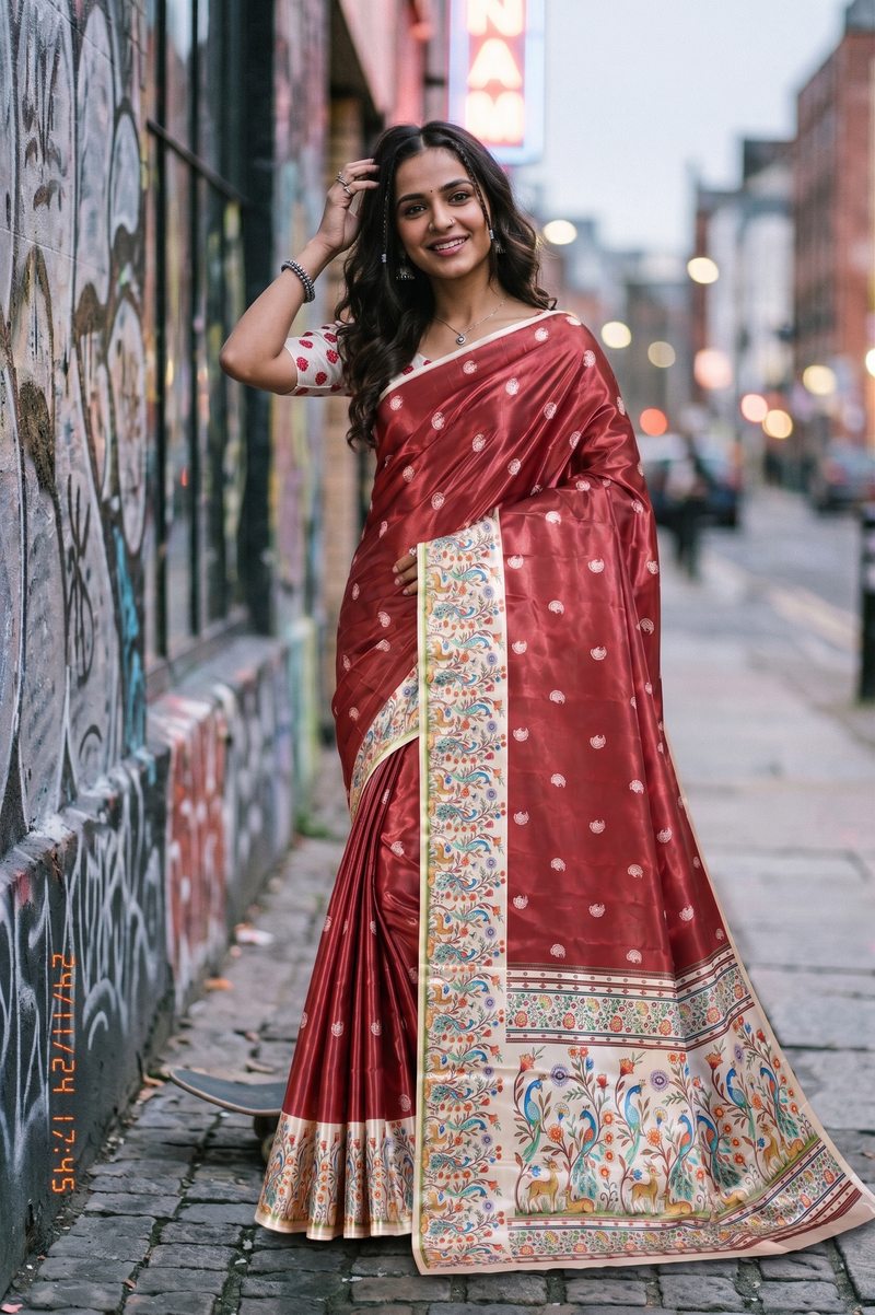 Rust Maroon and Cream Paithani Print Satin Saree