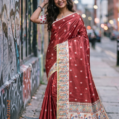 Rust Maroon and Cream Paithani Print Satin Saree