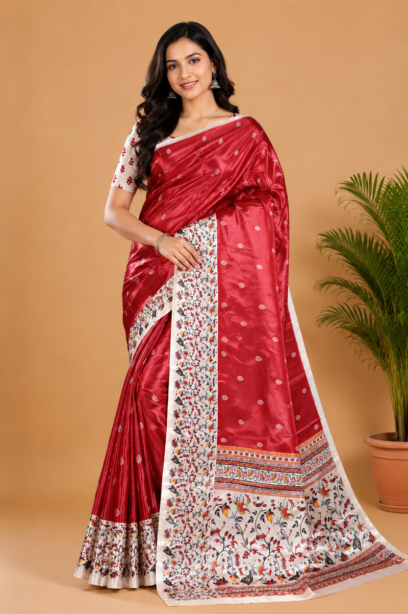 Rust Maroon and Cream Paithani Print Satin Saree