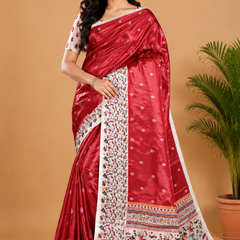 Rust Maroon and Cream Paithani Print Satin Saree