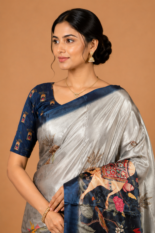 Royal Silver Bird Art Silk Saree