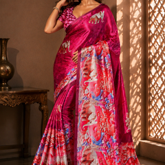 Rani Pink Elephant Print Satin Blend Party Wear Saree