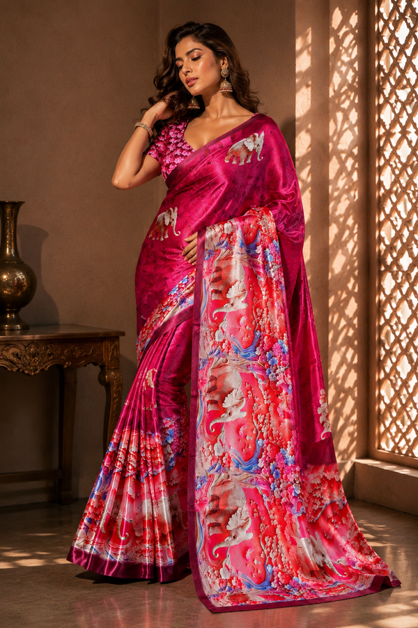 Rani Pink Elephant Print Satin Blend Party Wear Saree