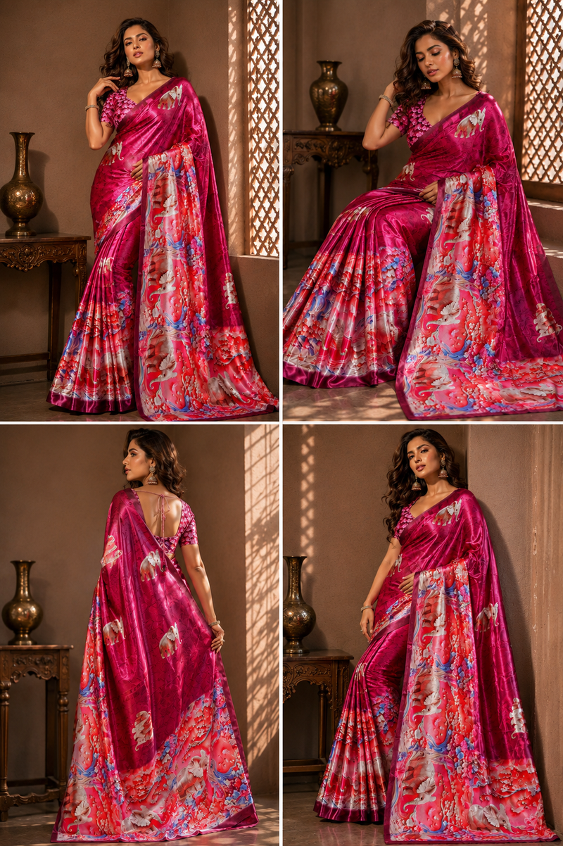 Rani Pink Elephant Print Satin Blend Party Wear Saree