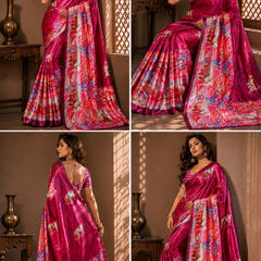 Rani Pink Elephant Print Satin Blend Party Wear Saree