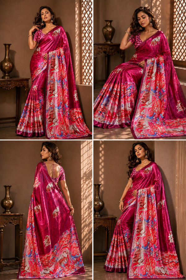 Rani Pink Elephant Print Satin Blend Party Wear Saree