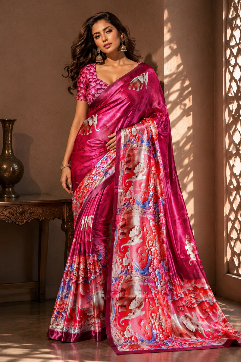 Rani Pink Elephant Print Satin Blend Party Wear Saree