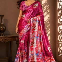 Rani Pink Elephant Print Satin Blend Party Wear Saree