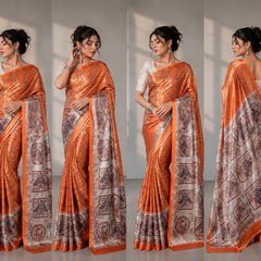 Rust Orange and Grey Paithani Print Satin Saree