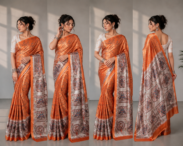 Rust Orange and Grey Paithani Print Satin Saree